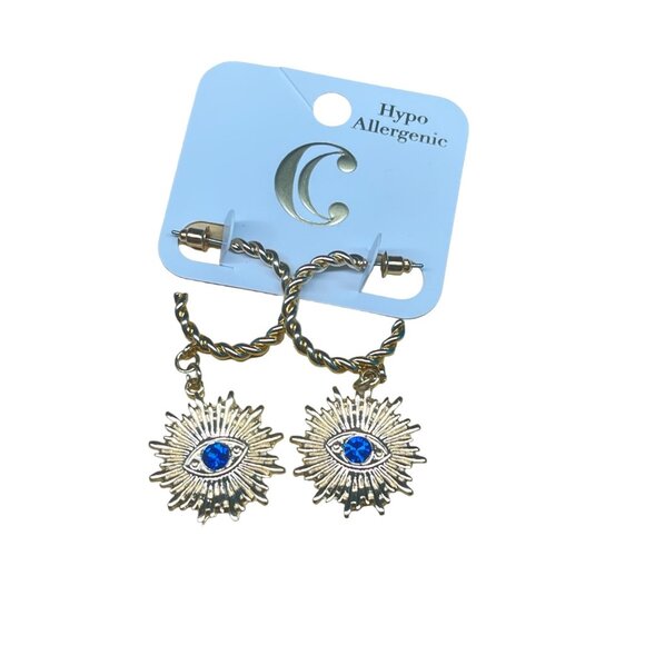 Charming, Charlie MSRP 16 Hypoallergenic Gold-Tone Evil Eye Dangle Earrings With - Picture 1 of 6